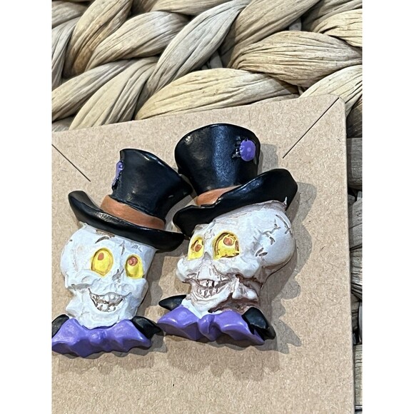 Vintage Halloween Resin Skeleton In Top Hats W/ Bat Bow Ties Gothic Punk Purple - Picture 3 of 8